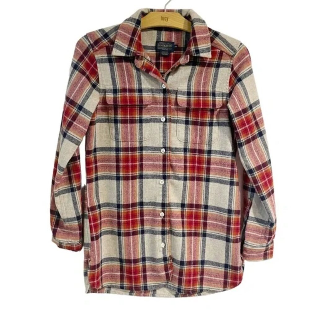 100% Wool Pendleton Red and Blue Plaid Button Down Collared Shirt